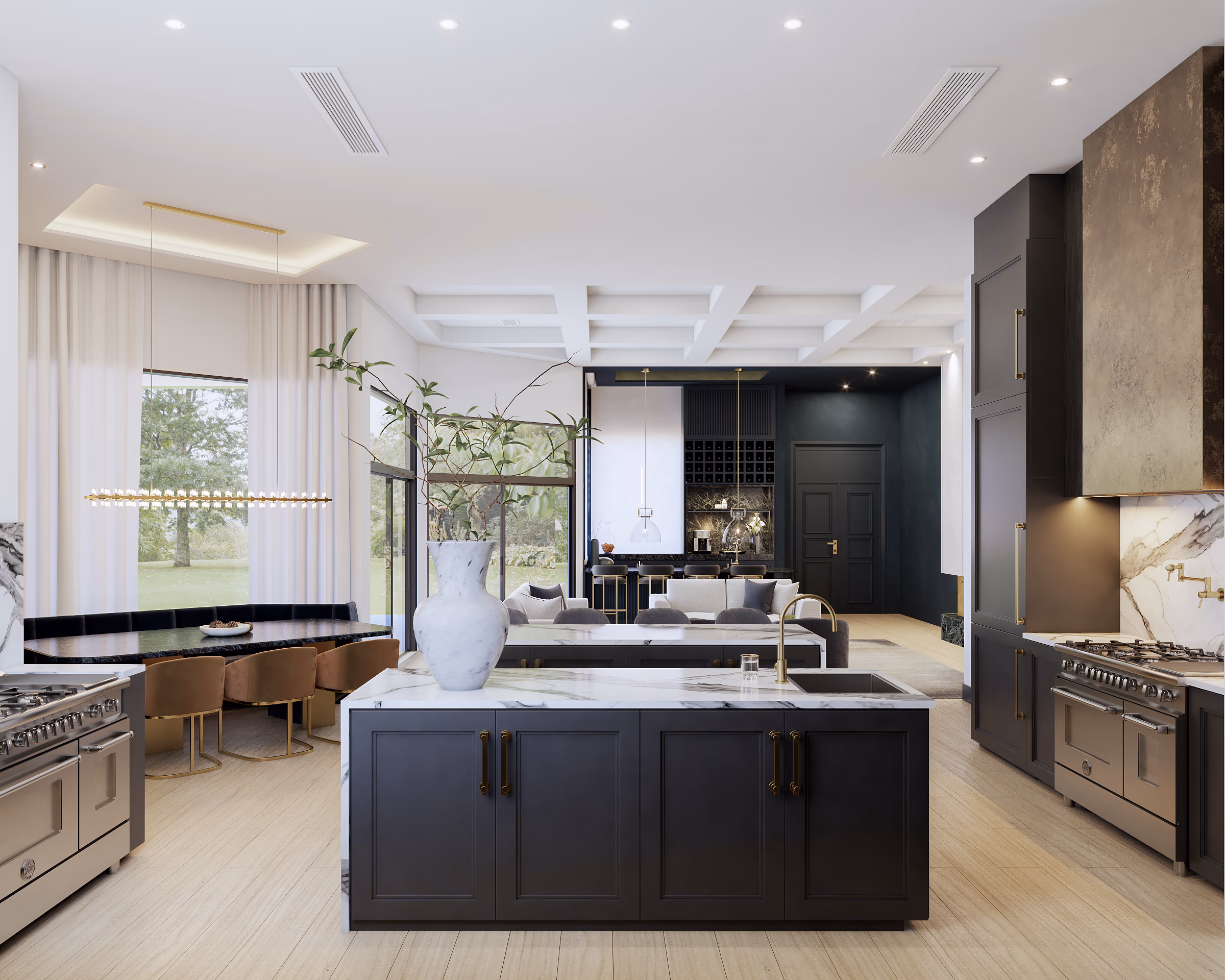 Open kitchen with a black island, marble counters, and a dining area beside tall windows.