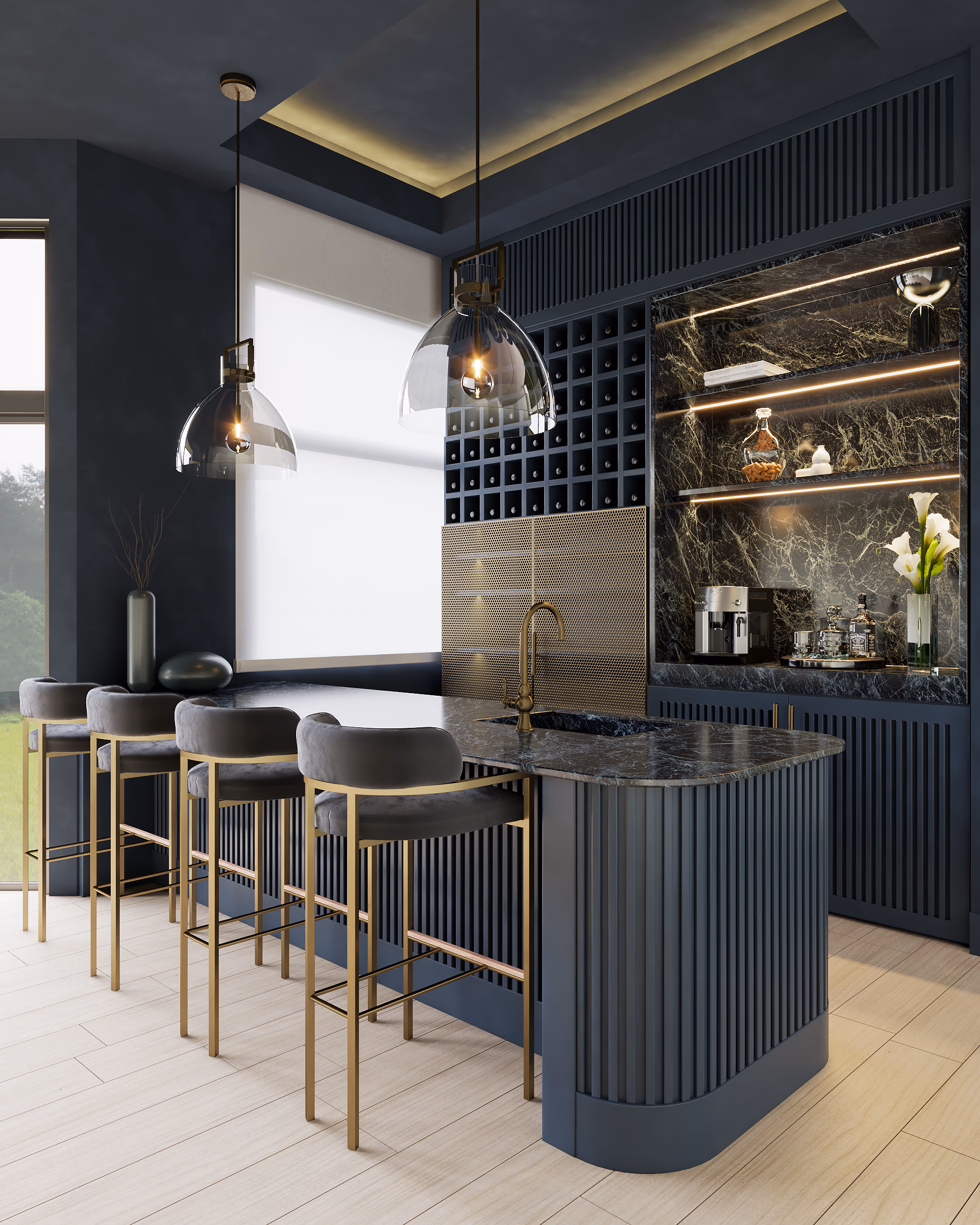 Home bar with a navy fluted island, brass-framed stools, a lit wine wall, and glass pendant lights.