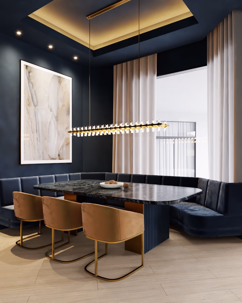 Dining room with navy walls, a curved banquette, cognac leather chairs, and a linear pendant light.