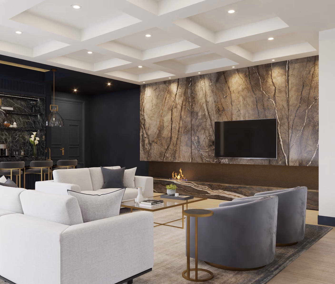 Living room with a book-matched marble media wall, white sofas, gray lounge chairs, and a coffered ceiling.