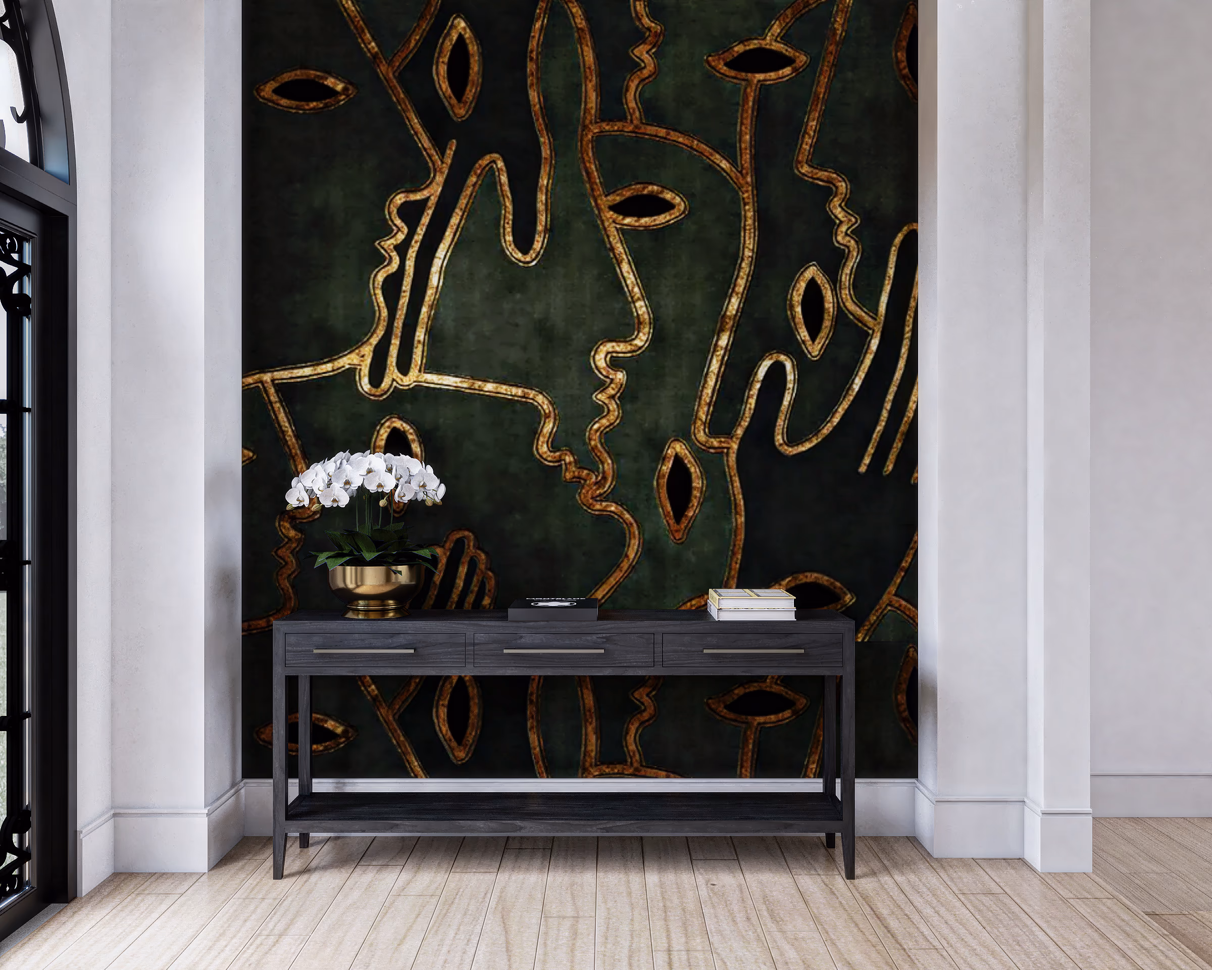 Entry foyer with a dark console table against a green and gold abstract mural.