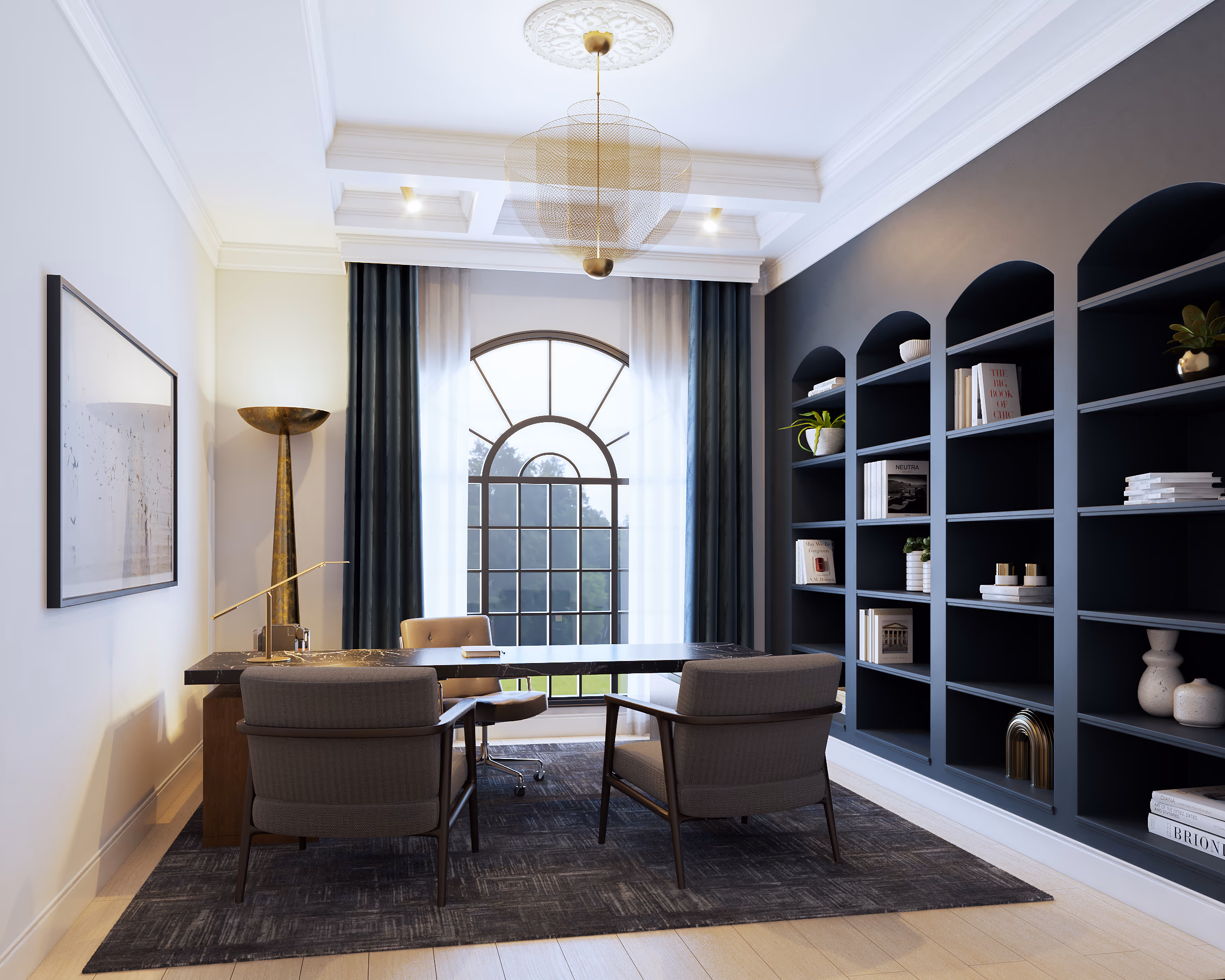 Home office and library with black built-in arched bookshelves, a conference table, and an arched window.