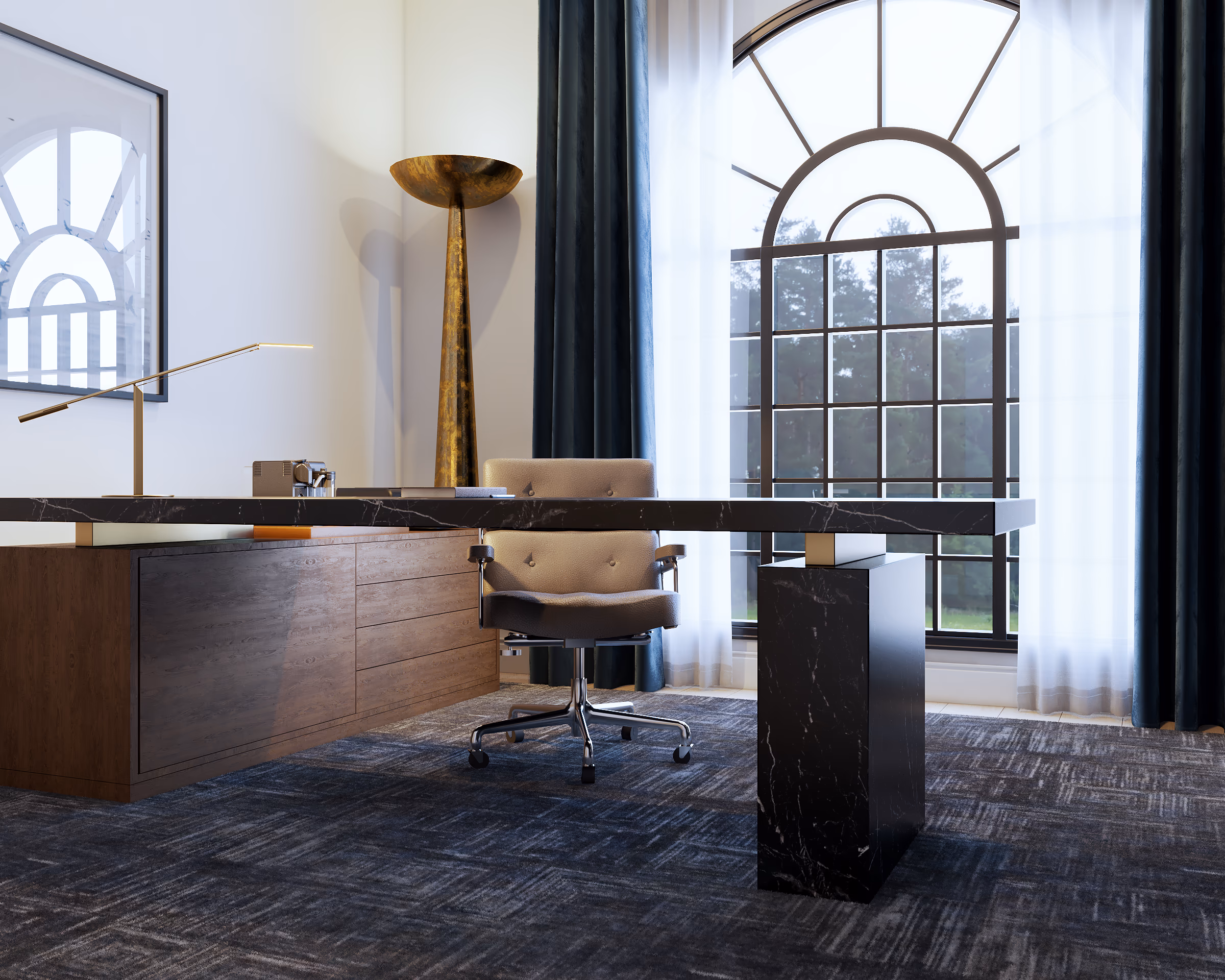 Home office with a walnut desk, a leather chair, a brass floor lamp, and an arched window.