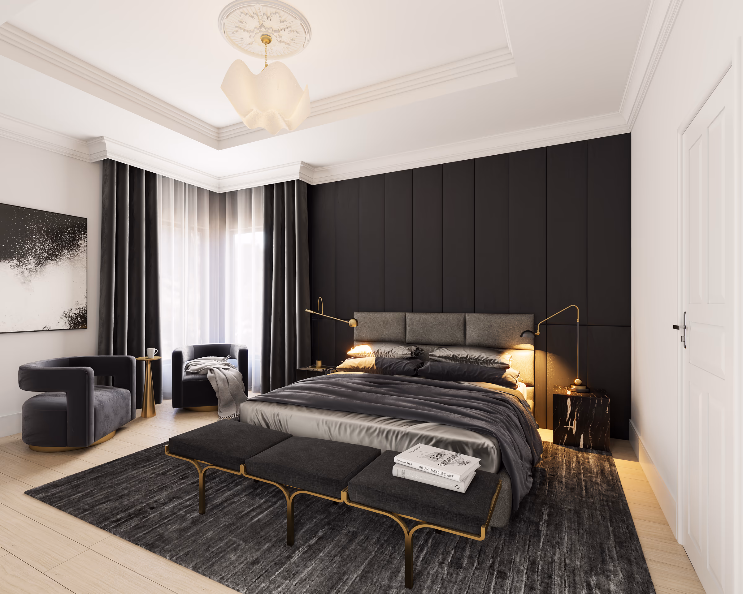 Primary bedroom with a black paneled wall, a tufted bench at the foot of the bed, and charcoal drapes.