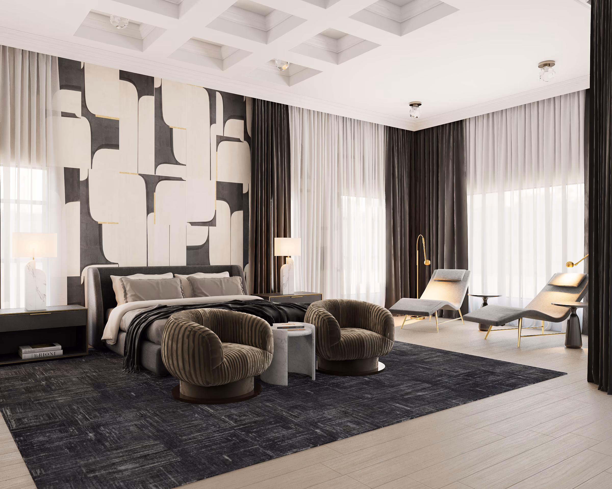 Bedroom with a black and white graphic mural, a gray upholstered bed, and bouclé lounge chairs.