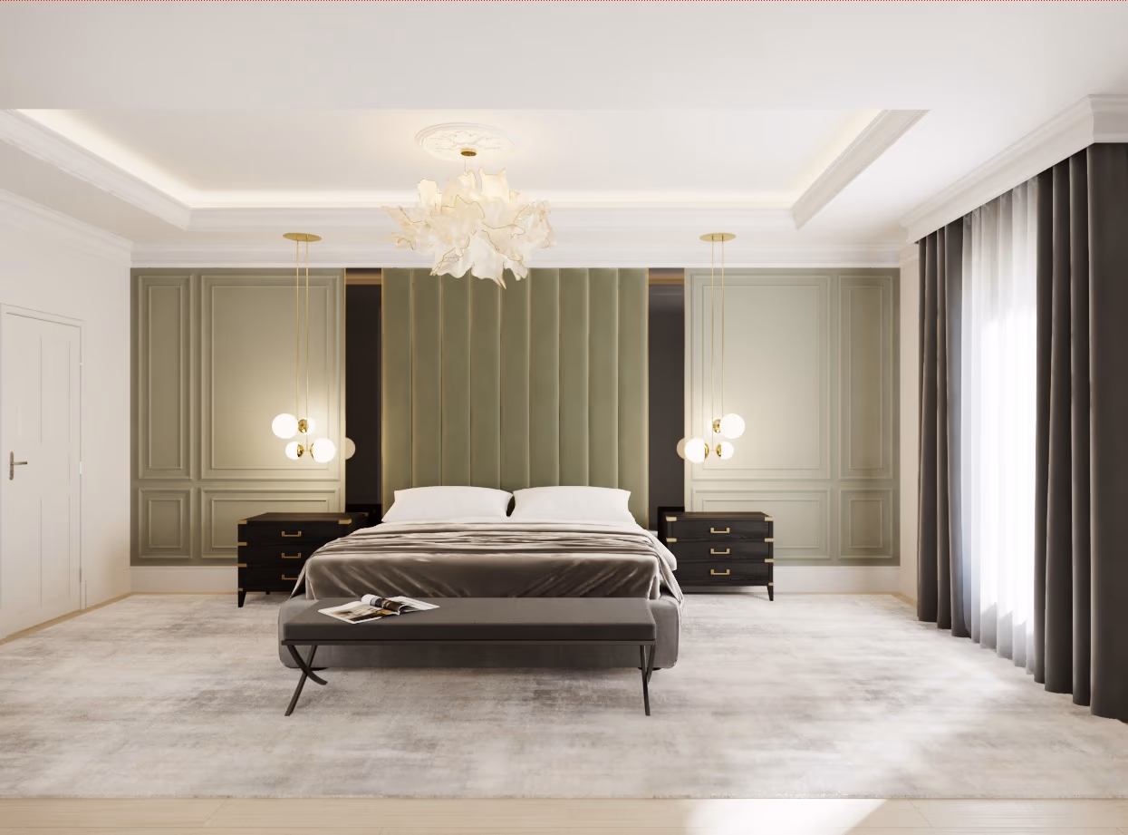 Bedroom with a sage green paneled headboard wall, a crystal chandelier, and pale gray bedding.
