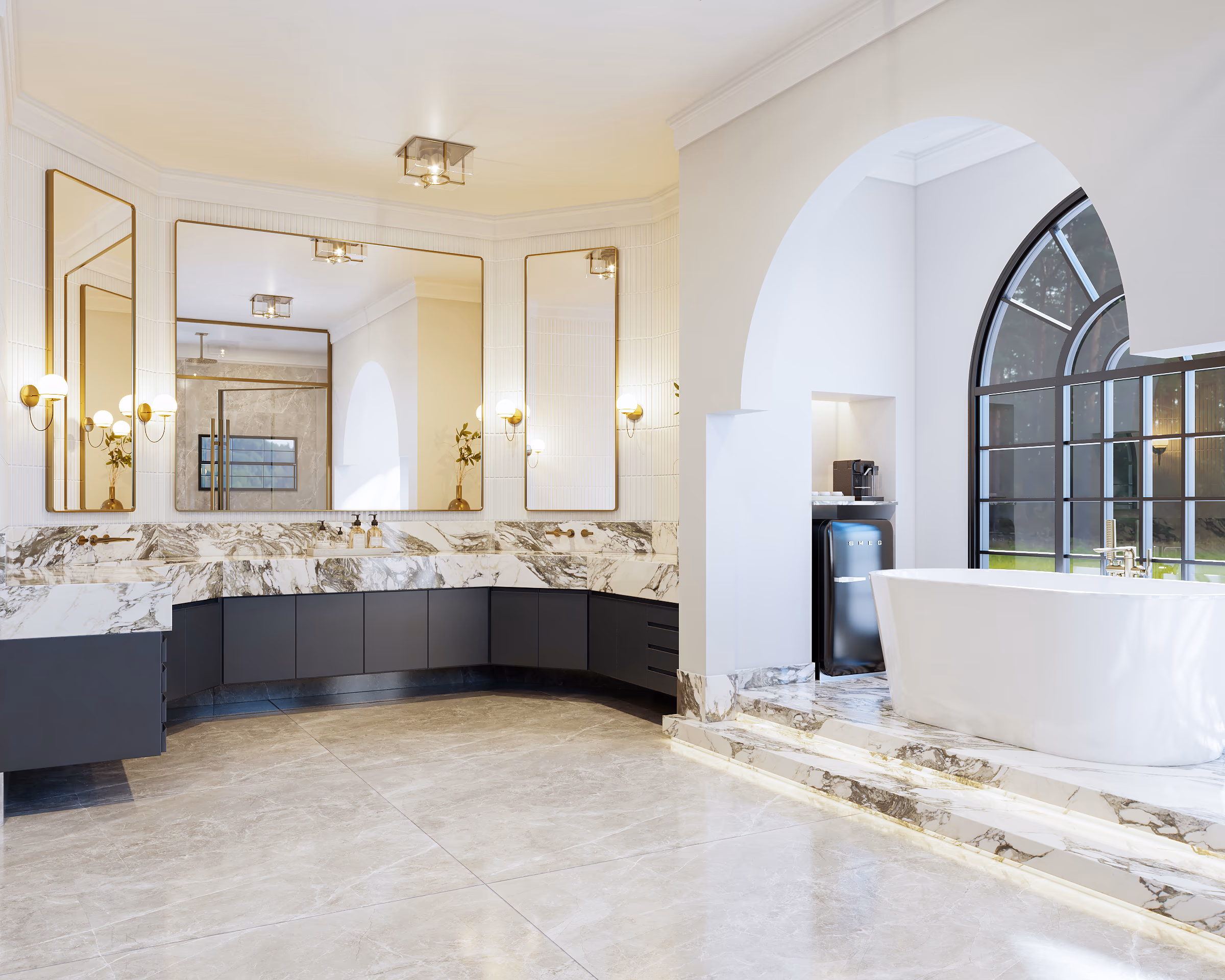 Primary bathroom with a curved marble vanity, brass-framed mirrors, and a freestanding tub under an arched window.