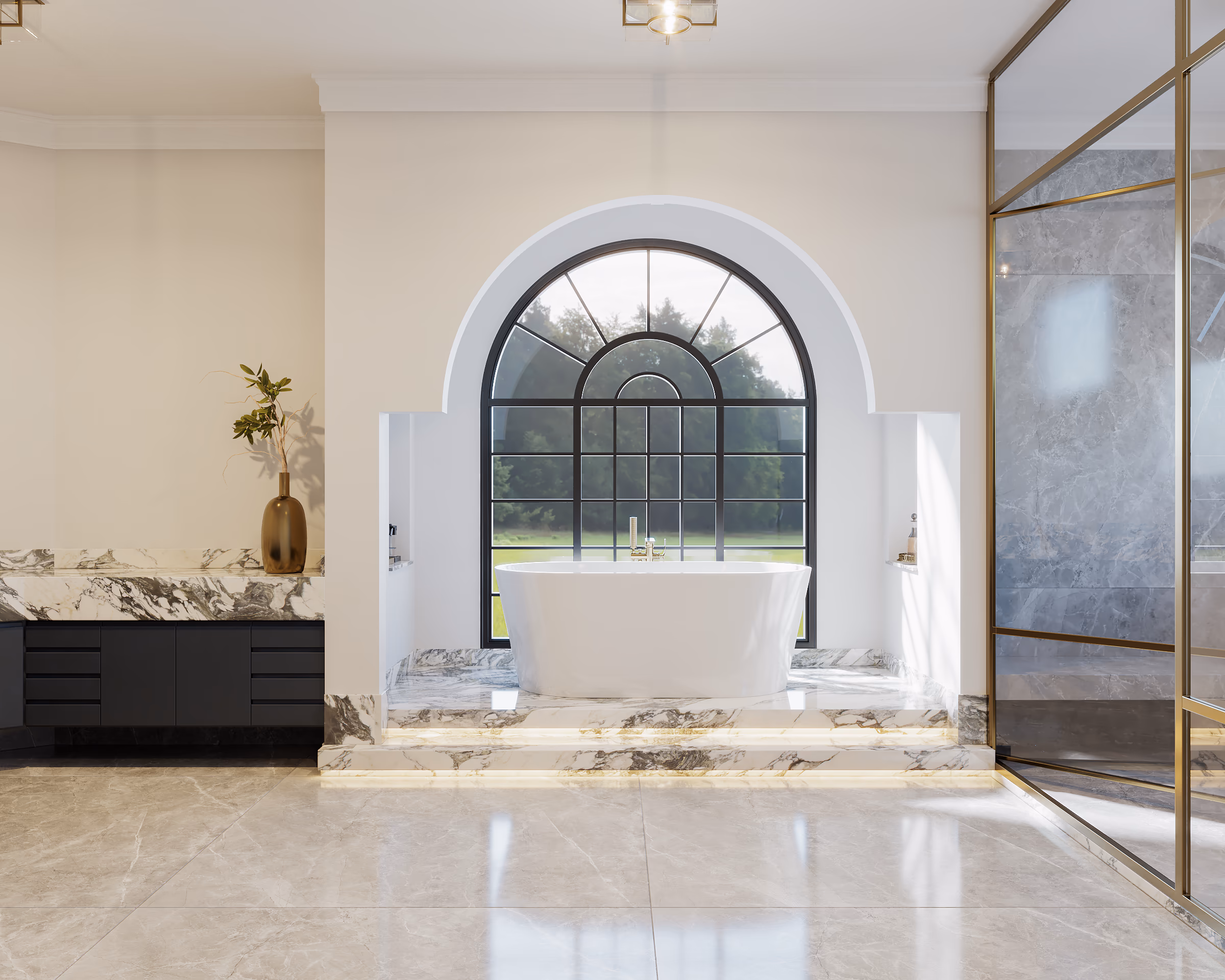 Primary bathroom with a freestanding tub below an arched window and a brass-framed glass shower.