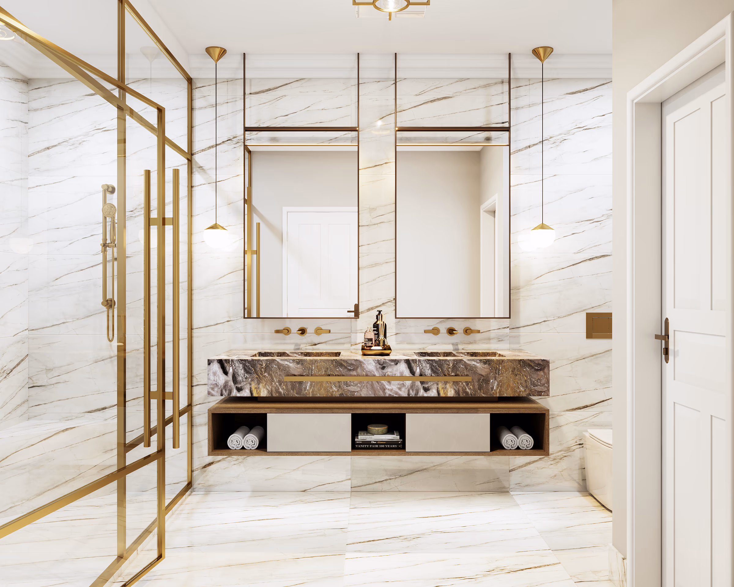 Bathroom with a marble double vanity, brass-framed mirrors, and brass-framed glass shower walls.