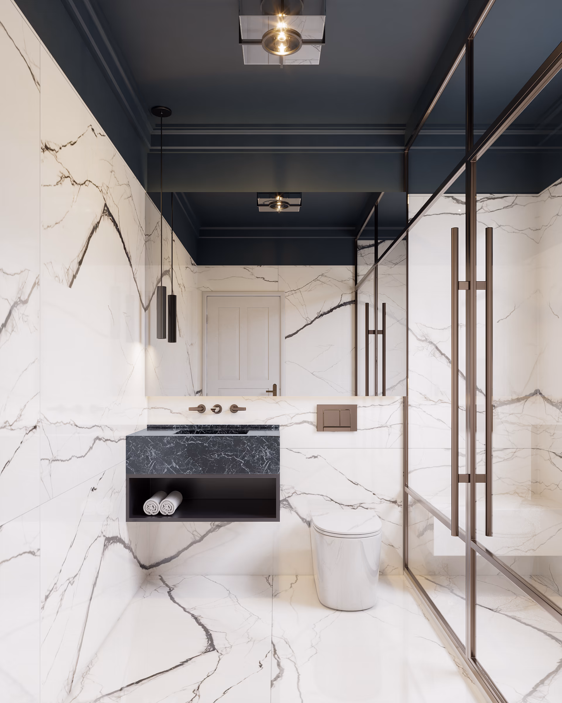 Bathroom with marble walls, a dark ceiling, a black vanity, and a glass shower.