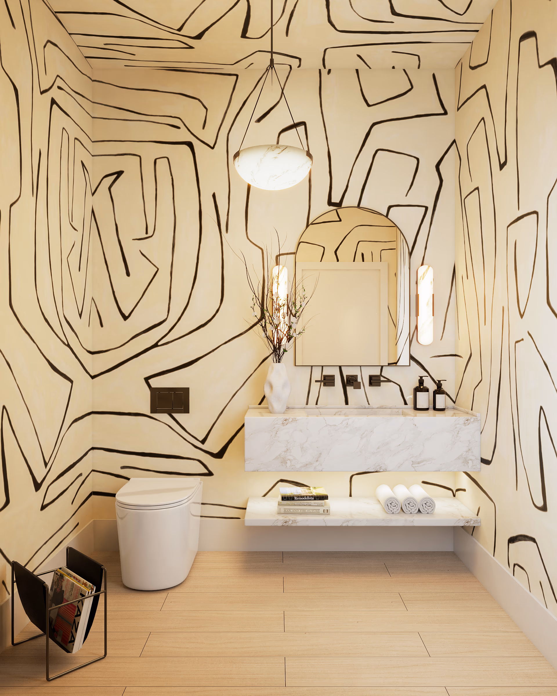 Powder room with black and cream graphic wallpaper, a floating marble vanity, and an arched mirror.