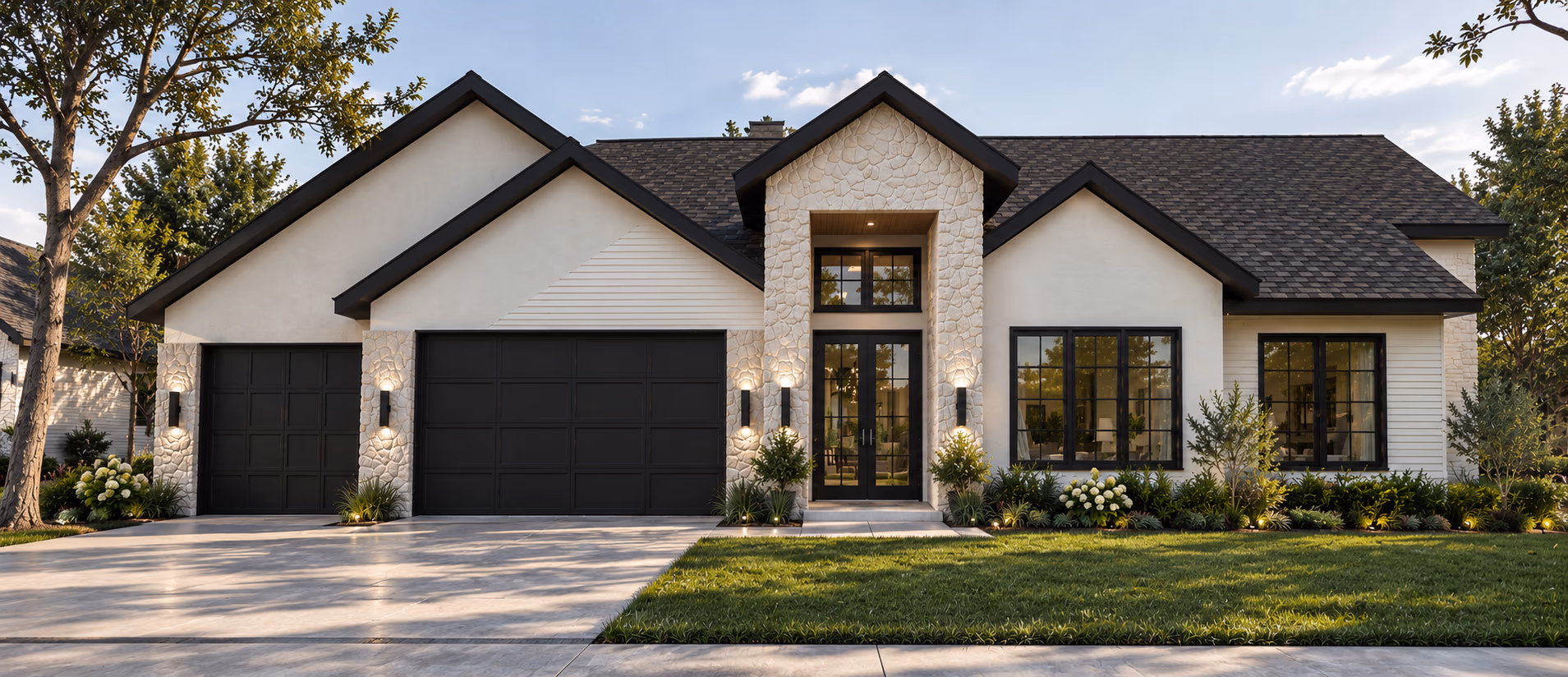 Front of a white home with black-trimmed gables, a stone-clad entry bay with glass double doors, and two black garage doors under a dark roof.