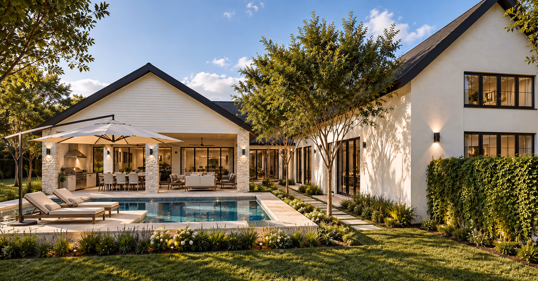 Rear patio with a covered outdoor kitchen and dining area, a pool with lounge chairs, and mature trees beside a white gabled wing.