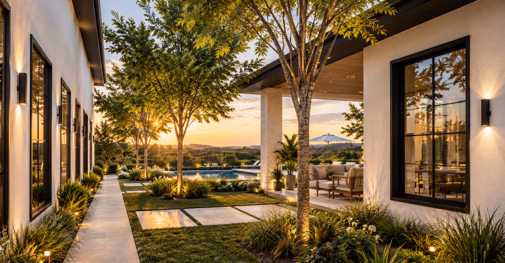 Side courtyard at sunset with a lit stone walkway, a pool in the distance, and a covered terrace behind large black-framed windows.