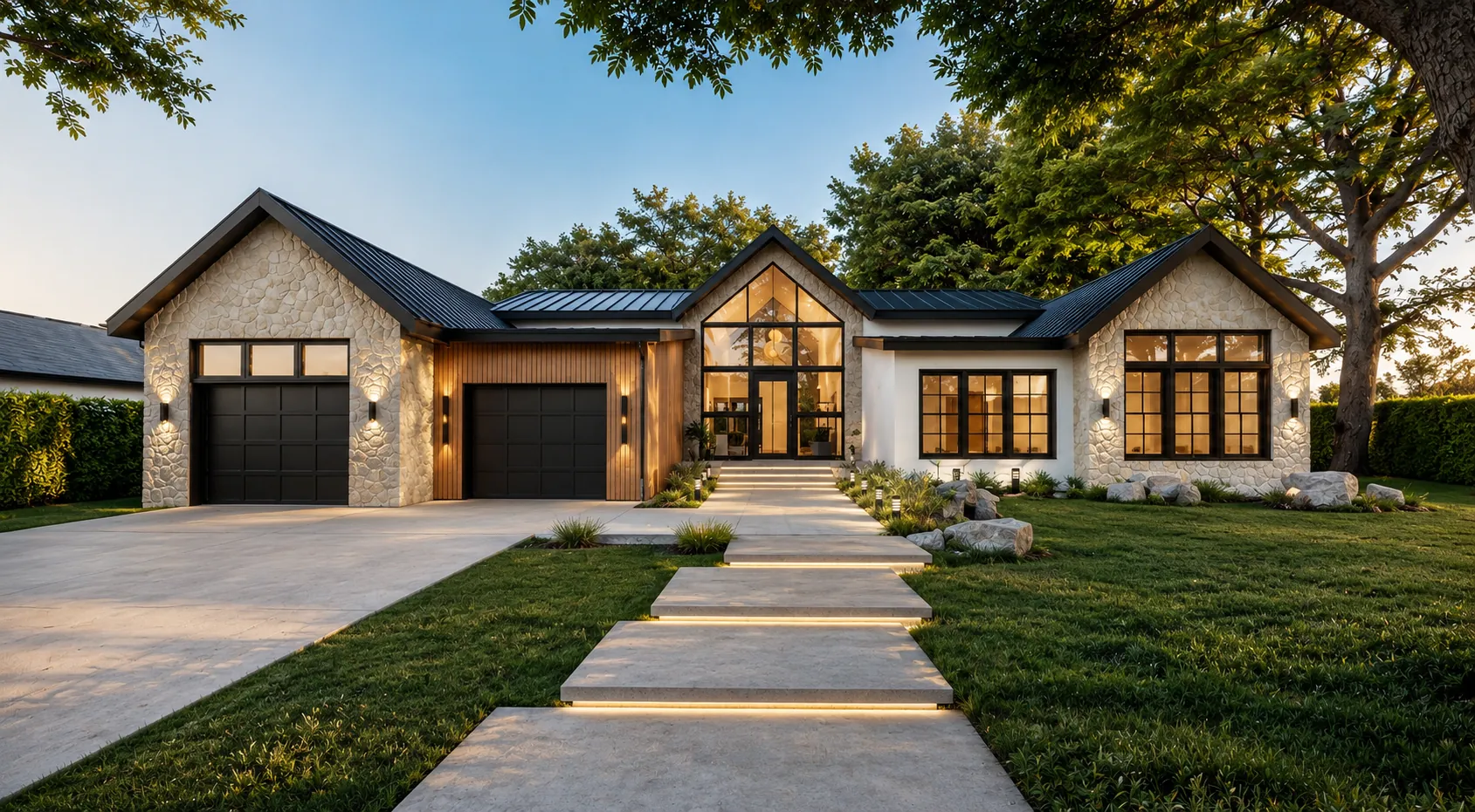 Front of a single-story home with stone and wood gables, a glass entry, a two-car garage, and lit concrete steps.