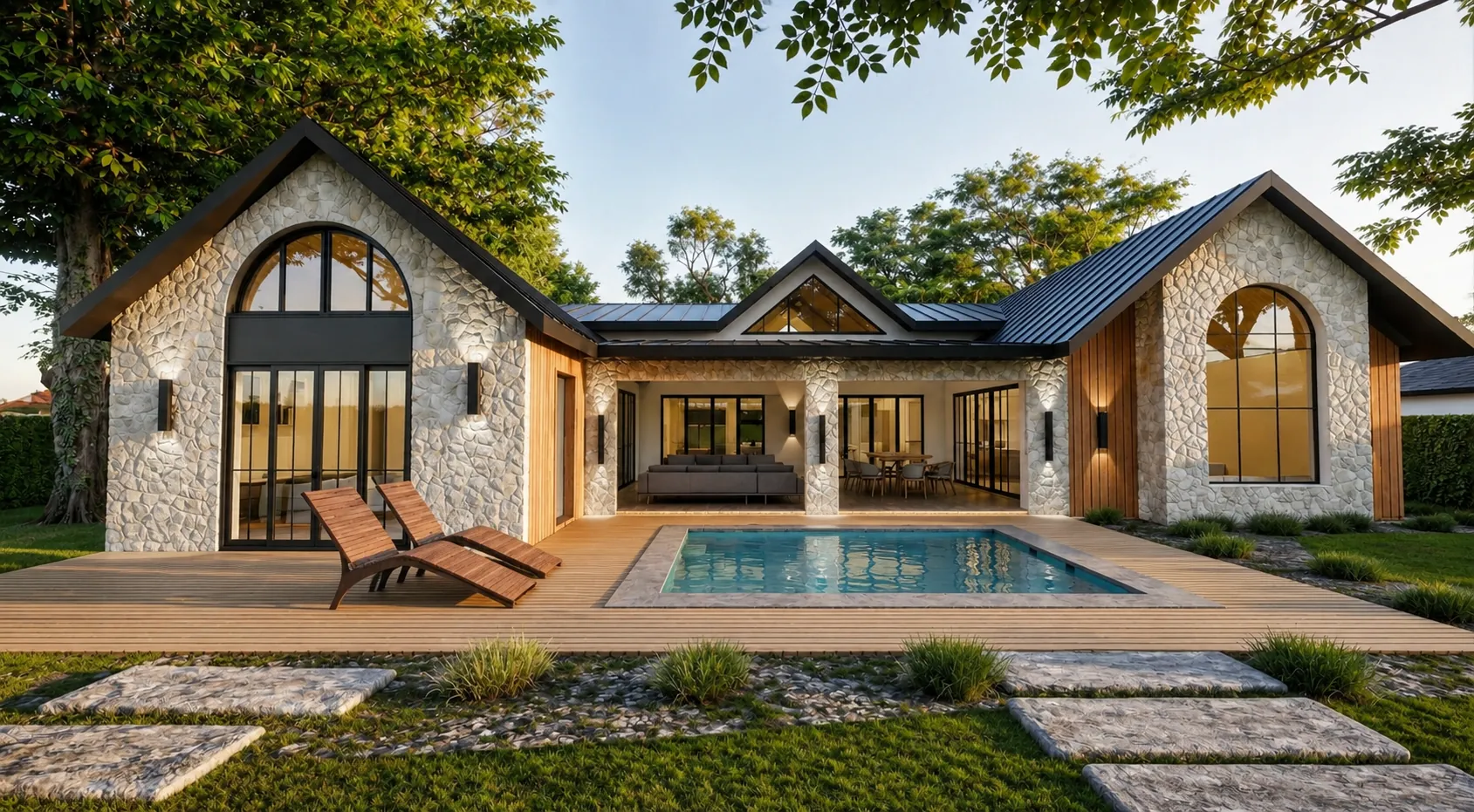 Rear of a stone home with arched windows, a covered patio, and a pool on a wood deck.